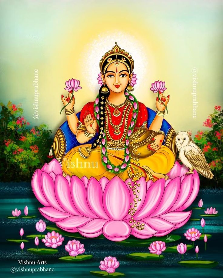 the goddess sitting on top of a lotus flower