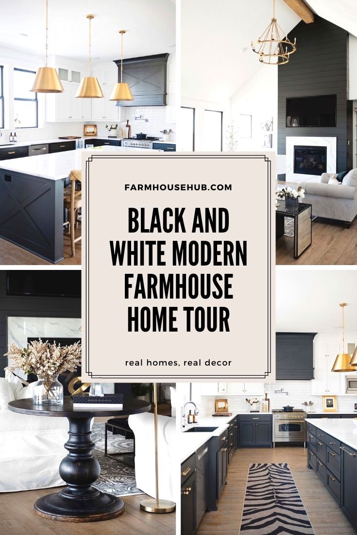 the black and white modern farmhouse home tour is featured in this postcard style photo