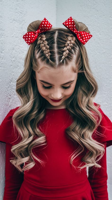 Braids And Ribbons Hairstyles, Christmas Hairstyle For Kids, Christmas Bow Hairstyles For Kids, Christmas Hairstyles For Kids Braids, Christmas Hair Styles Kids, Christmas Bun Hairstyle, Christmas Braided Hairstyles, Easy Thanksgiving Hairstyles For Kids, Christmas Hairdos For Kids