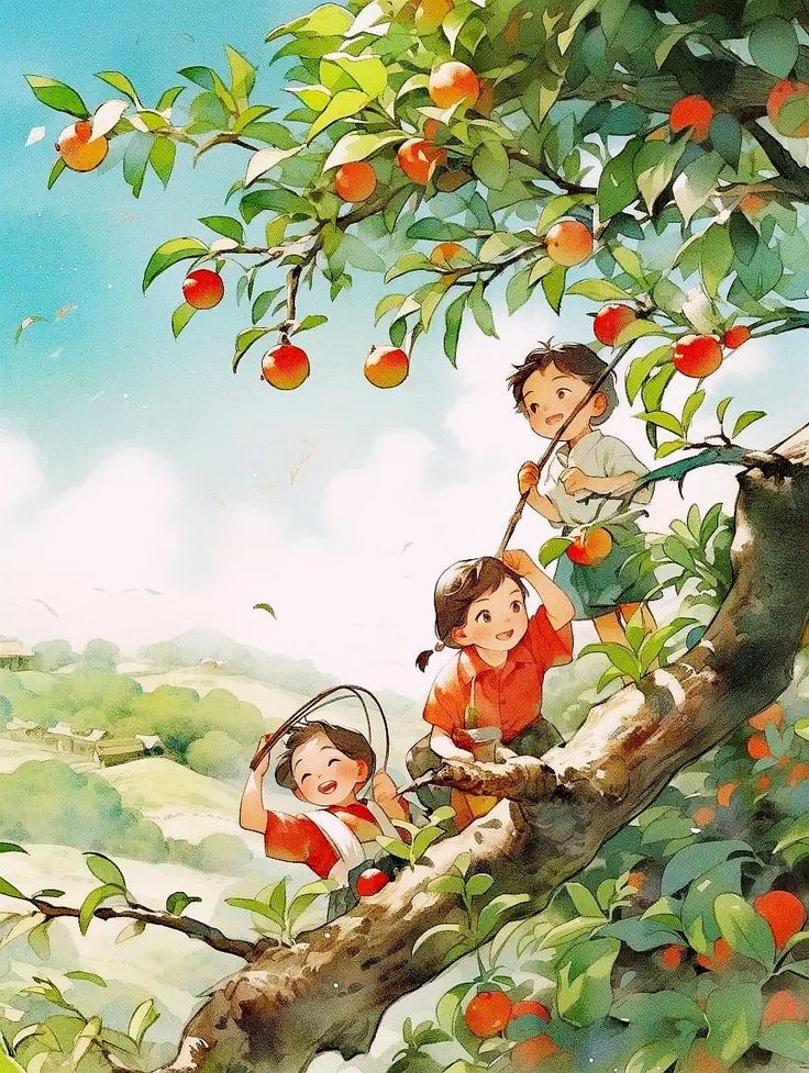 three children climbing up the side of a tree in an apple orchard with oranges