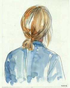 a watercolor drawing of a woman's back with her hair in a pony tail