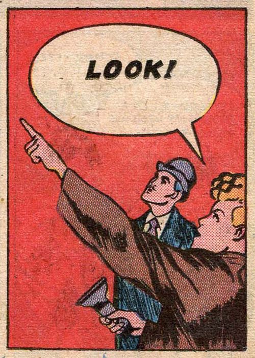 an old comic book cover with a man pointing to another man's head and the words look above it