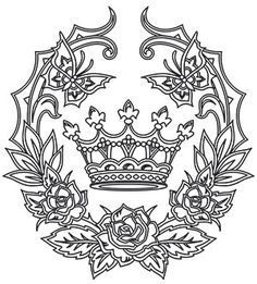 a black and white drawing of a crown surrounded by flowers, leaves and swirls