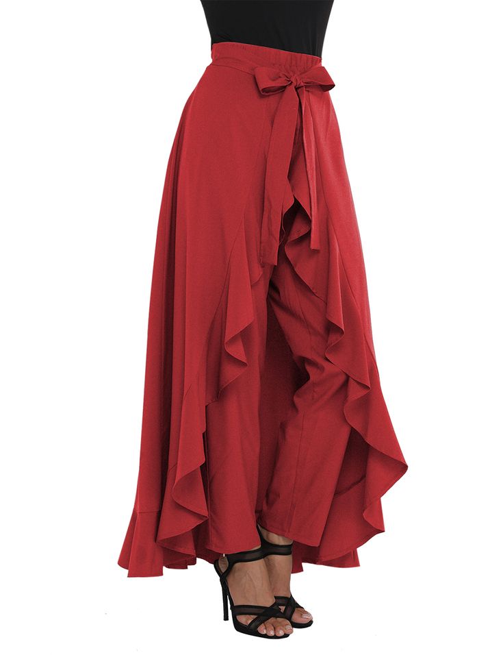 Red Chiffon Tie-waist Ruffle Palazzo Pants Elegant Wide Leg Ruffled Skirt Bottoms, Solid Color Ruffle Party Bottoms, Ruffled Party Bottoms, Elegant High Waist Pants With Ruffles, Elegant High-waist Pants With Ruffles, Elegant High Waist Ruffled Pants, Elegant High-waist Ruffled Pants, Chic Chiffon Bottoms With Ruffles, Red Ruffled Bottoms For Summer