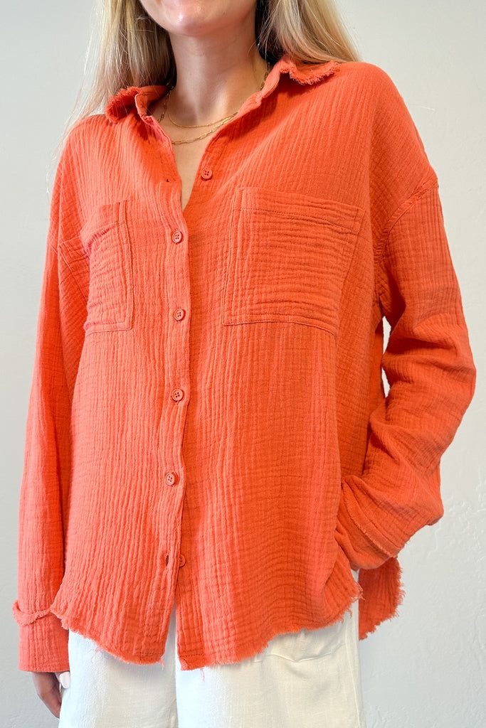 Newport Cotton Button Down Shirt in Orange | Neutral Ground Gauze Shirt, Cotton Gauze Fabric, Summer Getaway, Gauze Fabric, Bright Orange, Cotton Shorts, Newport, Oversized Fits, Orange Color