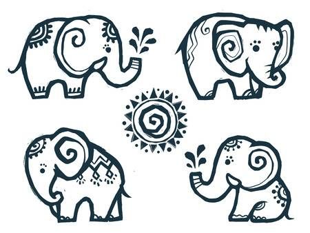 four elephants with different designs on their backs and tusks, one in the shape of an elephant