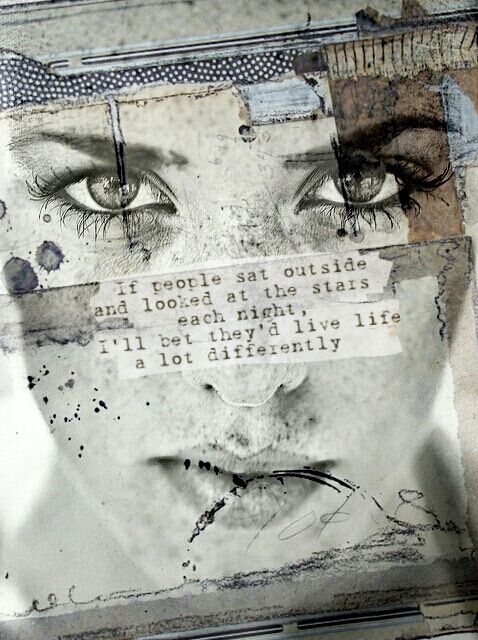 an altered photograph of a woman's face with words on it