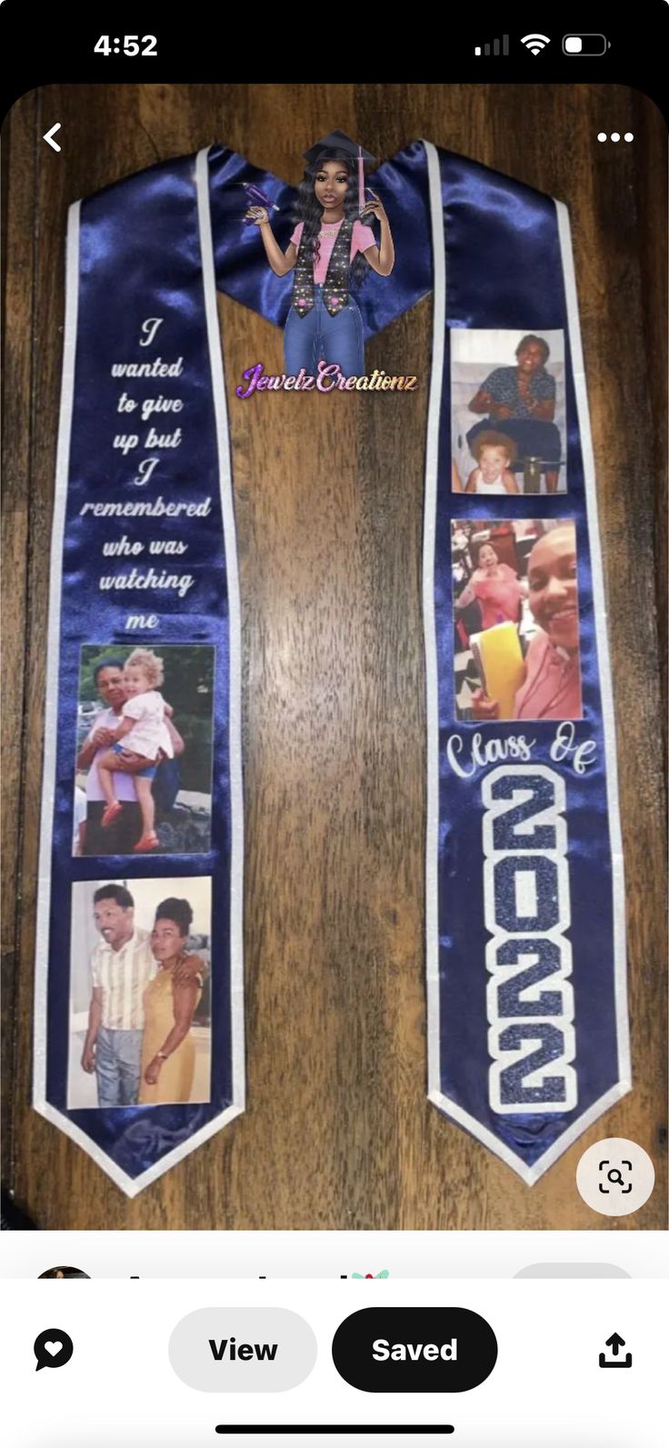 an image of a blue and white scarf with pictures of people in it on the side