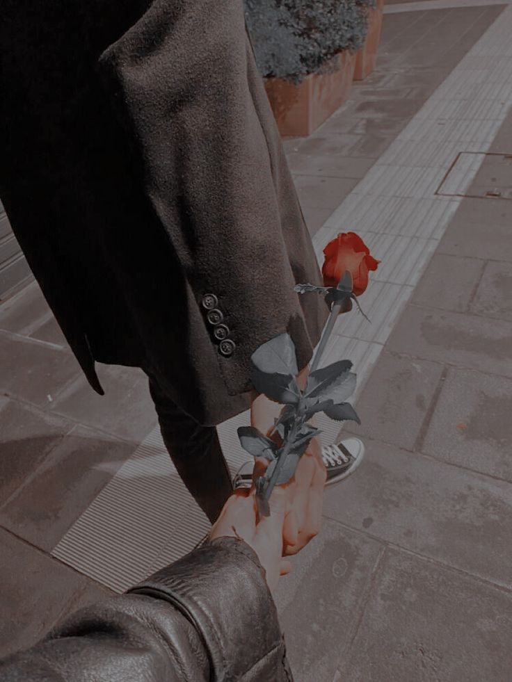 two people holding hands with a single rose in their hand on the sidewalk next to a building