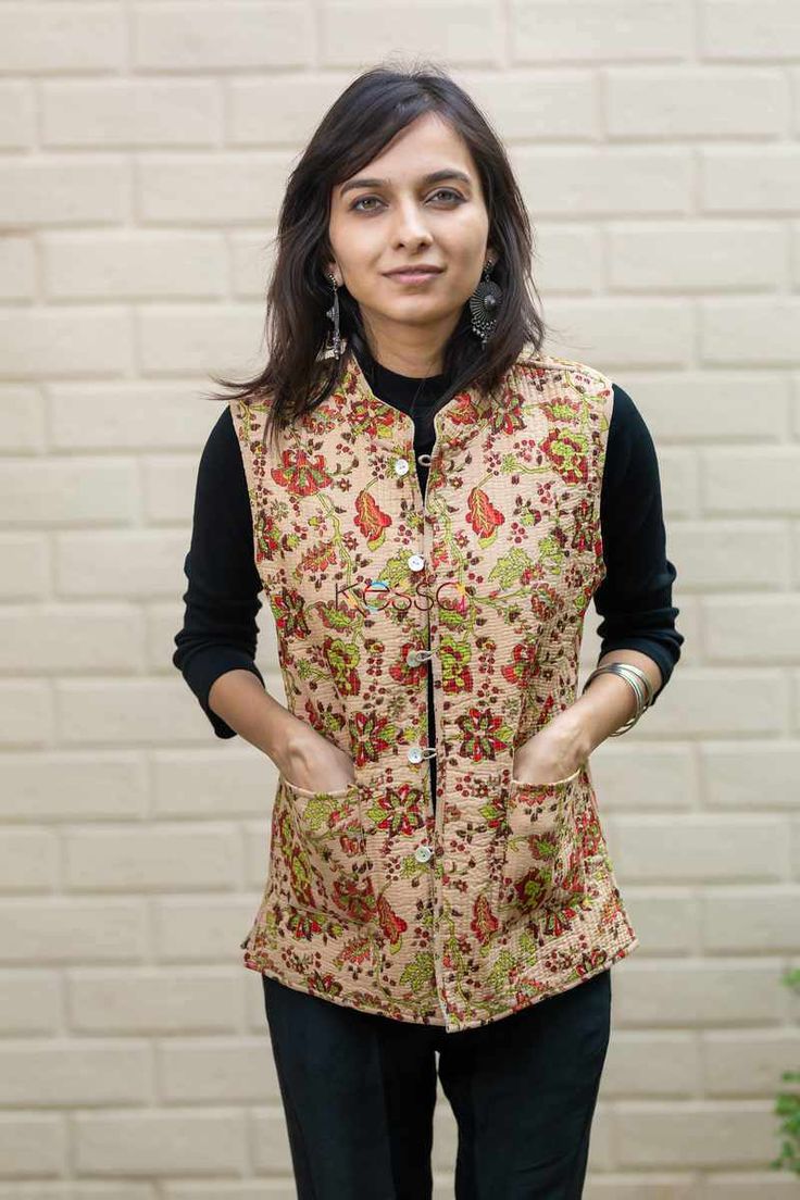 Kalamkari Jackets For Women, Cotton Nehru Jacket With Printed Motifs For Festivals, Kalamkari Jacket, Traditional Fitted Floral Print Nehru Jacket, Diwali Dress, Traditional Multicolor Block Print Outerwear, School Coat, Diwali Dresses, Designer Party Wear Dresses