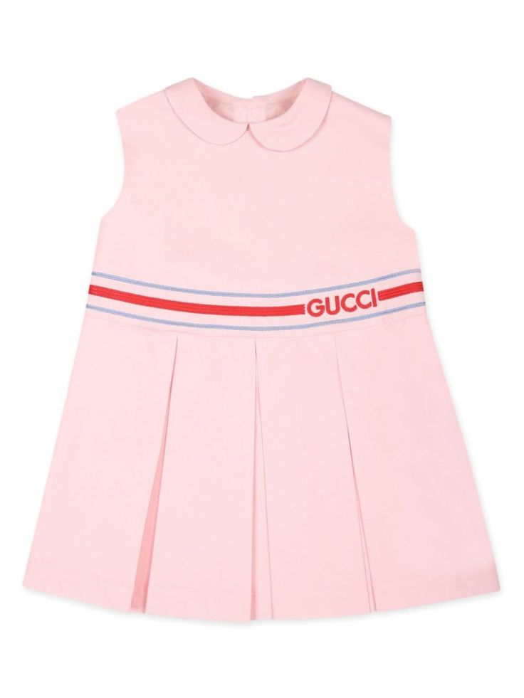 pink stretch-cotton embroidered logo to the front pleated skirt sleeveless bib collar stripe detailing rear button fastening straight hem Sleeveless Cotton Dresses With Pleated Bodice, Pink Cotton A-line Dress, Classic Summer Dress With Striped Collar, Pink Sleeveless Pleated Dress For Spring, Pink Pleated Sleeveless Fitted Dress, Pink Fitted Pleated Sleeveless Dress, Pink Fitted Sleeveless Pleated Dress, Sleeveless Pink Pleated Summer Dress, Summer Pink Pleated Sleeveless Dress