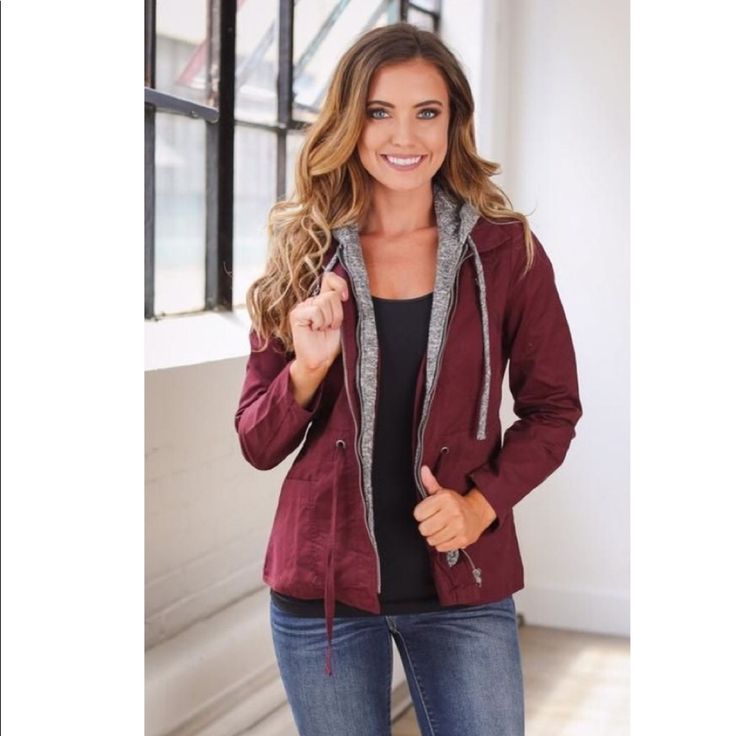 This One Of A Kind Jacket Can Be Worn With Just About Anything, And Is The Perfect Combination Of A Structured Jacket And Comfortable Hoodie! Wine-Colored Jacket With Marled Heather Grey Knit Sleeves And Hood. Front Hidden Zipper And Snap Closure. Two Front Flap Pockets And Adjustable Waistband For A More Tailored Fit With Adorable Tie On Back. 100% Cotton. Line Dry. Material Does Not Stretch. Casual Burgundy Winter Outerwear, Hooded Burgundy Outerwear For Fall, Casual Burgundy Outerwear With Pockets, Safari Dress, Embroidered Jean Jacket, North Face Vest, Hooded Trench Coat, Structured Jacket, White Jean Jacket