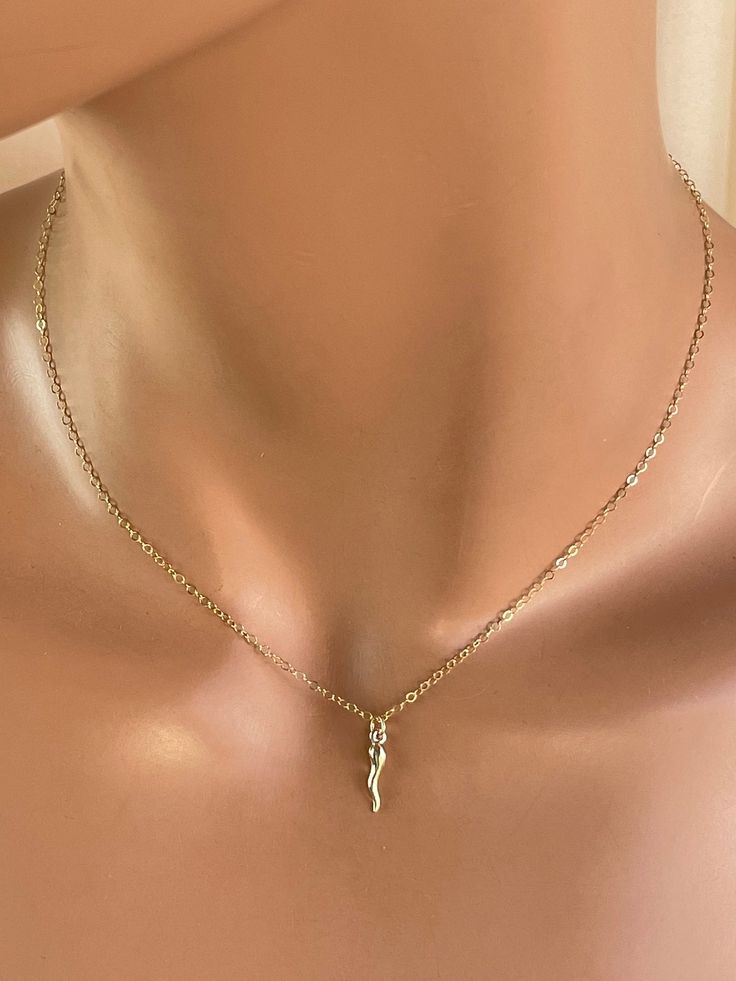 "This is a 925 Sterling silver or 14kt Gold-filled Tiny Italian horn charm necklace on a shiny cable chain. The Italian Horn is also known as the \"Cornetto\" or \"Cornicello\" . This is truly a little treasure she will love forever! Necklace chain is is shiny gold and catches light with movement. The entire necklace is 14kt gold-filled or 925Sterling silver. This is a very small dainty horn that measures Horn pendant measures 14x2mm. Necklace has a spring clasp closure. Necklace may be ordered Italian Horn Necklace Women, Cornicello Necklace, Italian Horn Necklace, 14kt Gold Jewelry, Italian Necklace, Italian Pride, Forever Necklace, Prom 2023, Italian Horn