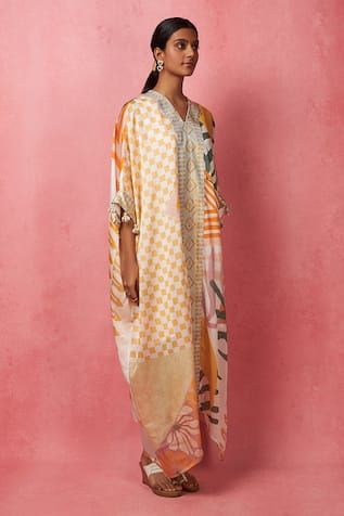 Multicolour kaftan with all over abstract floral prints and sequin embroidery. - Aza Fashions Festive V-neck Printed Kurta, Traditional Block Print Kaftan For Spring, Traditional Spring Kaftan With Block Print, Multicolor V-neck Kurta With Dupatta, Festive Multicolor V-neck Kurta, Bohemian Summer Kaftan With Dupatta, Multicolor Printed V-neck Kurta, Festive Silk Kaftan With Digital Print, Multicolor V-neck Kurta With Resham Embroidery