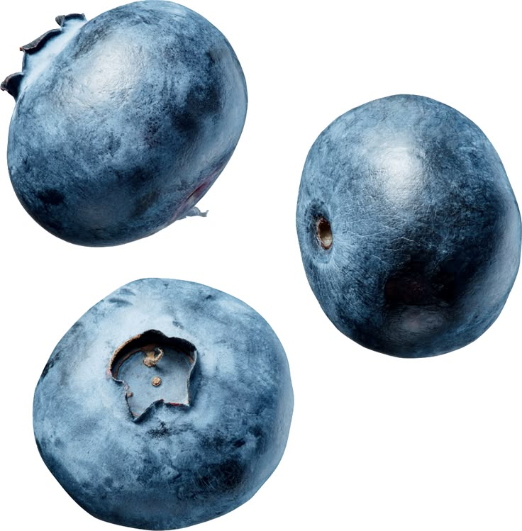 three blueberries on a white background, with one missing the middle and four remaining