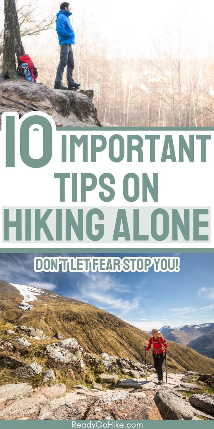 Picture of solo male hiker taking in view from cliff and female solo hiker walking up trail in mountain with text overlay 10 Important Tips on Hiking Alone Don't Let Fear Stop You! Hiking 101, Hiking Hacks, Solo Hiking, Emergency Essentials, Hiking Training, Hiking Trips, North Cascades National Park, Hiking Essentials, Nature Hikes