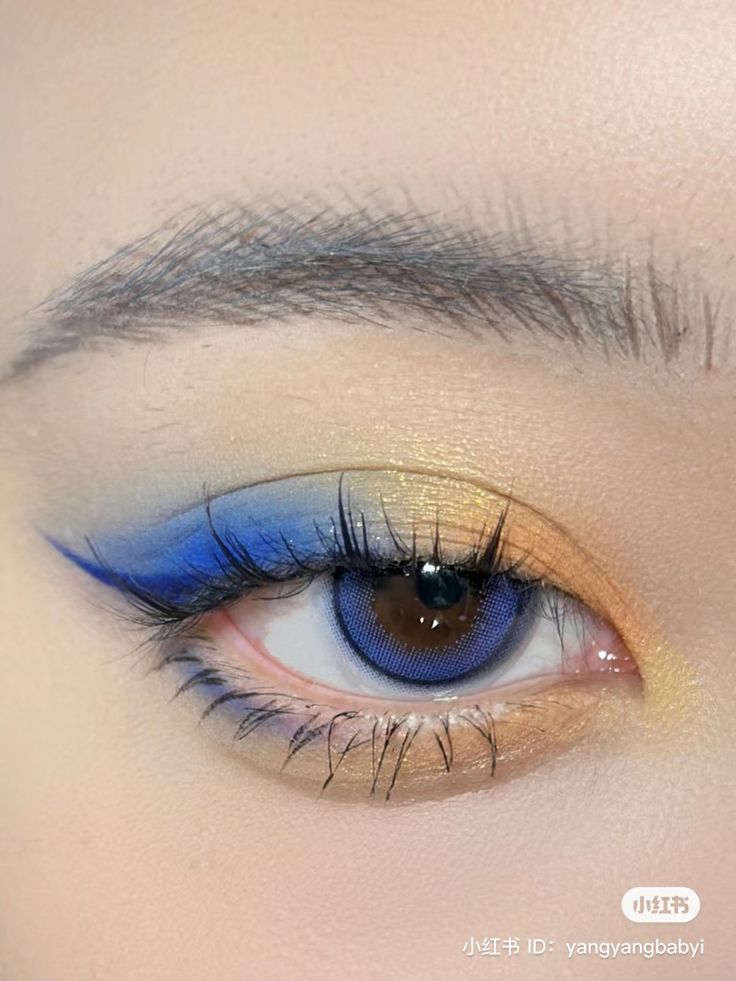 Dodger Makeup Ideas, Colourpop Makeup Looks, Colorpop Makeup Tutorial, Blue And Yellow Eye Makeup, Yellow Blue Makeup, Blue And Yellow Makeup, Yellow Makeup, Orange Makeup, Cute Eye Makeup