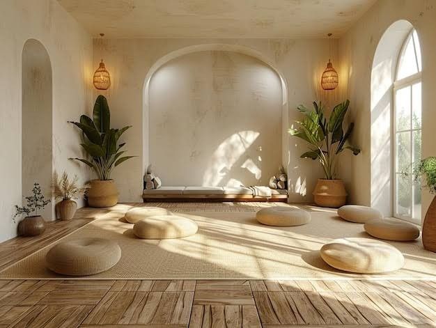 a large room with wooden flooring and potted plants in the corner on either side