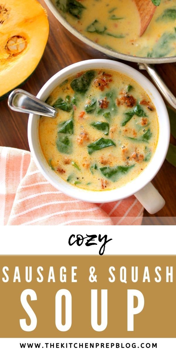 sausage and squash soup in a white bowl on a wooden table with text overlay