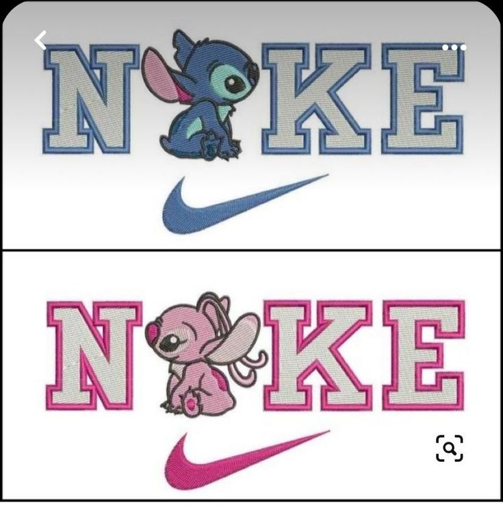 two different logos with stitching on them, one in pink and the other in blue