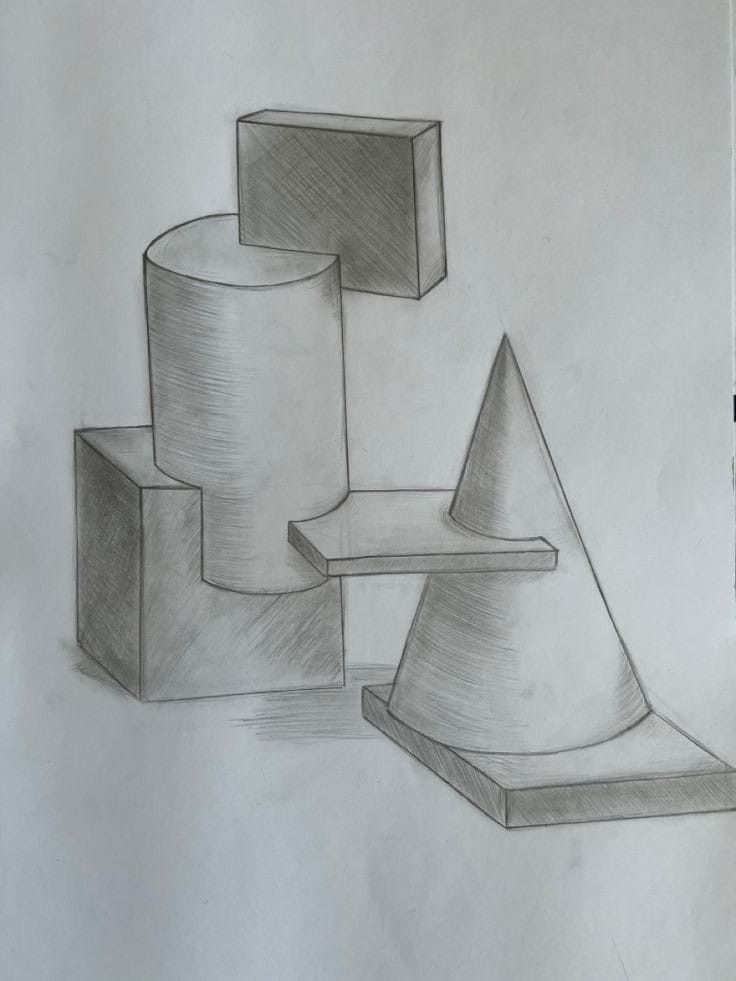 a pencil drawing of three different shapes