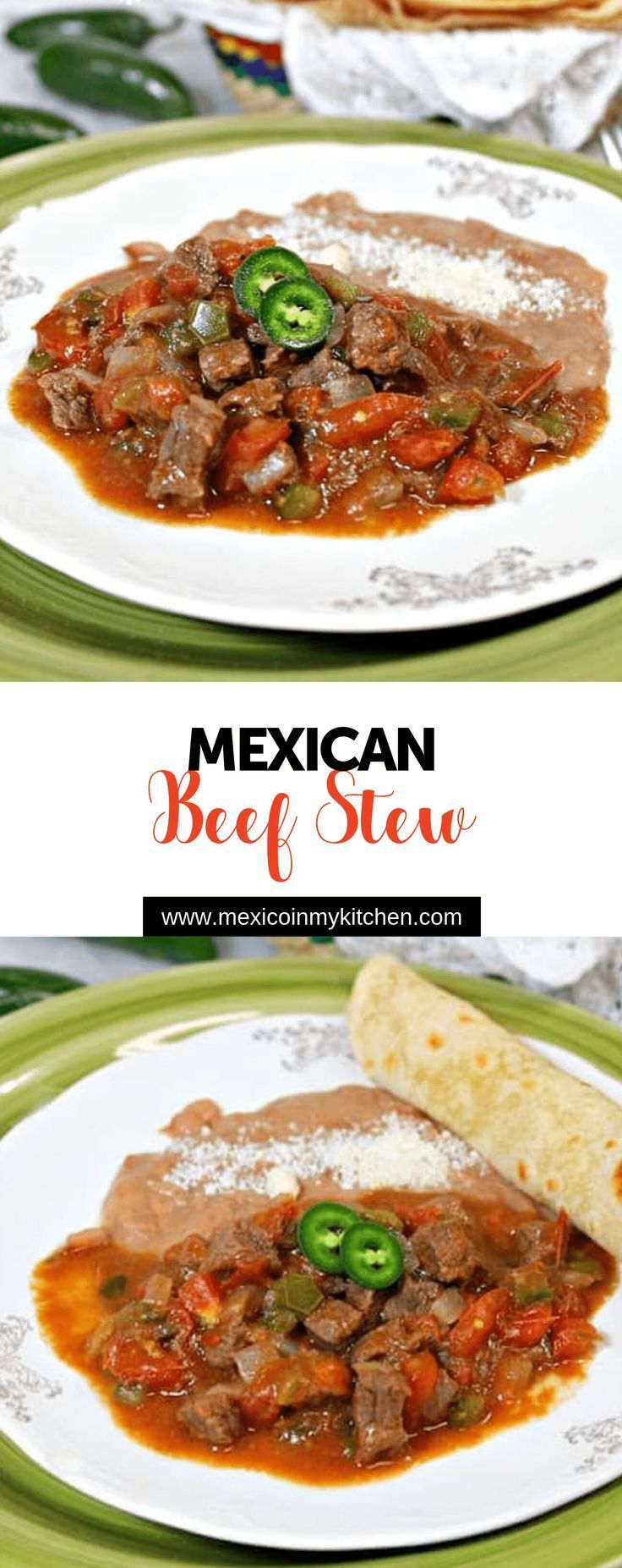 mexican beef stew on a plate with tortilla chips