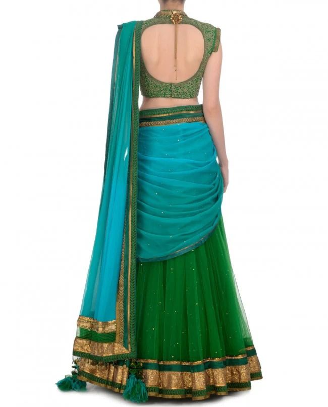 Green and blue party wear chaniya choli ��– Panache Haute Couture Green And Blue Party, Lehenga Saree Design, Half Saree Lehenga, Indian Lehenga Choli, Lehnga Dress, Lehenga Blouse Designs, Raw Silk Fabric, Blue Lehenga, Skirt Blouse