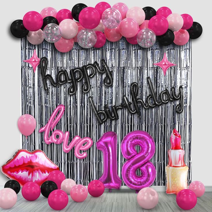 a birthday backdrop with balloons and lipstick