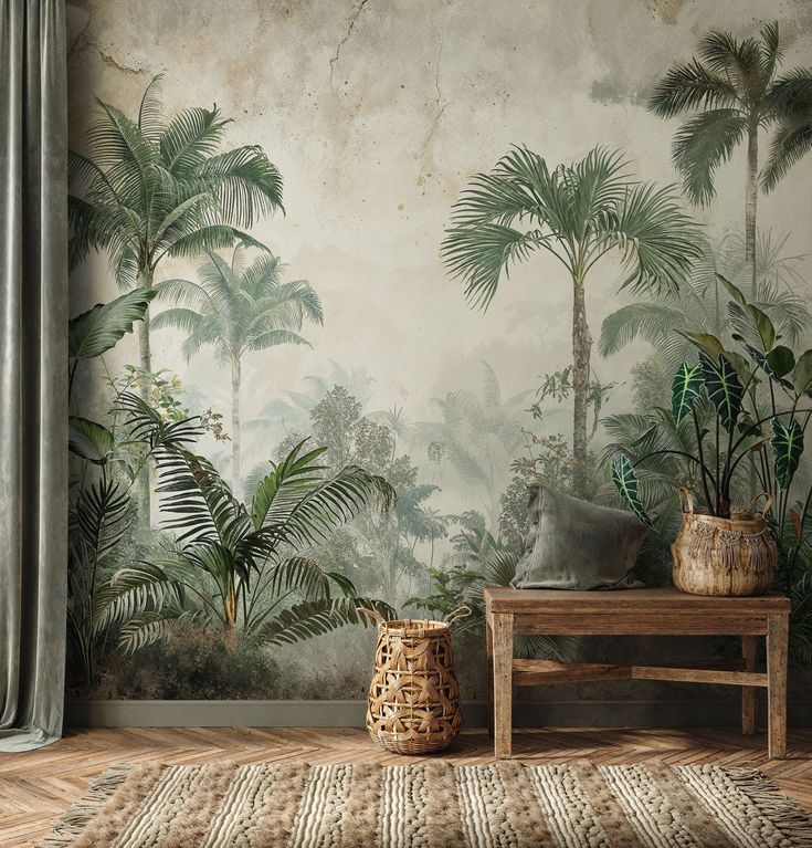 a living room with palm trees on the wall and a rug in front of it