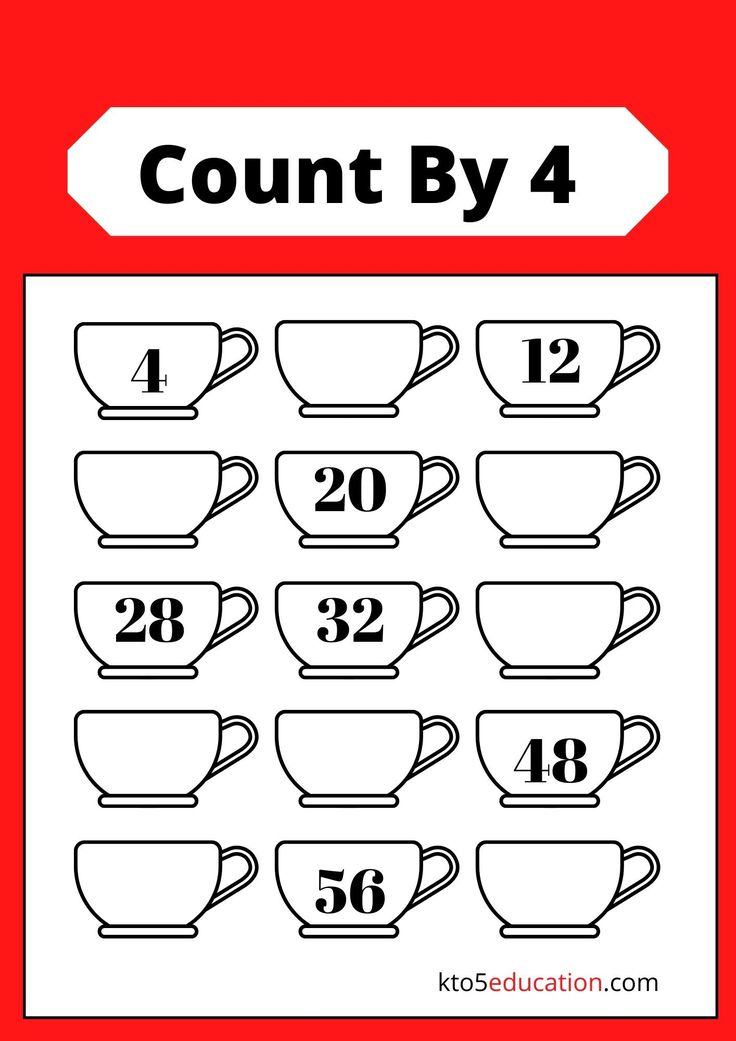 a red sign that says count by 4 and has coffee cups on it with the number four