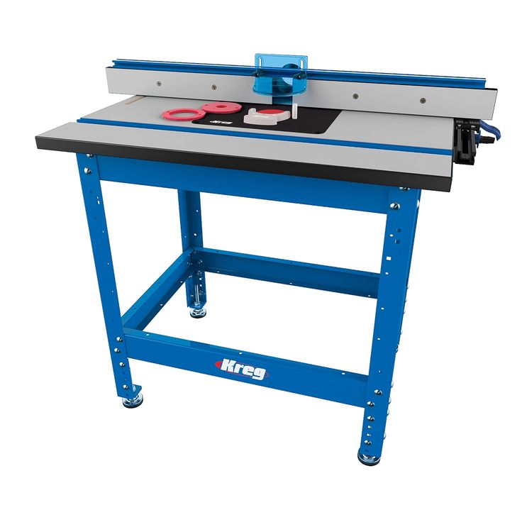 a blue workbench with tools on the top and one tool in it's drawer