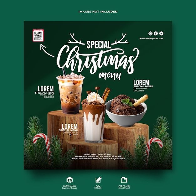 a flyer for a christmas menu with three different drinks on top of a wooden table