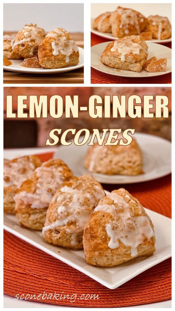 lemon - ginger scones with white icing on top and in the middle, sitting on a plate