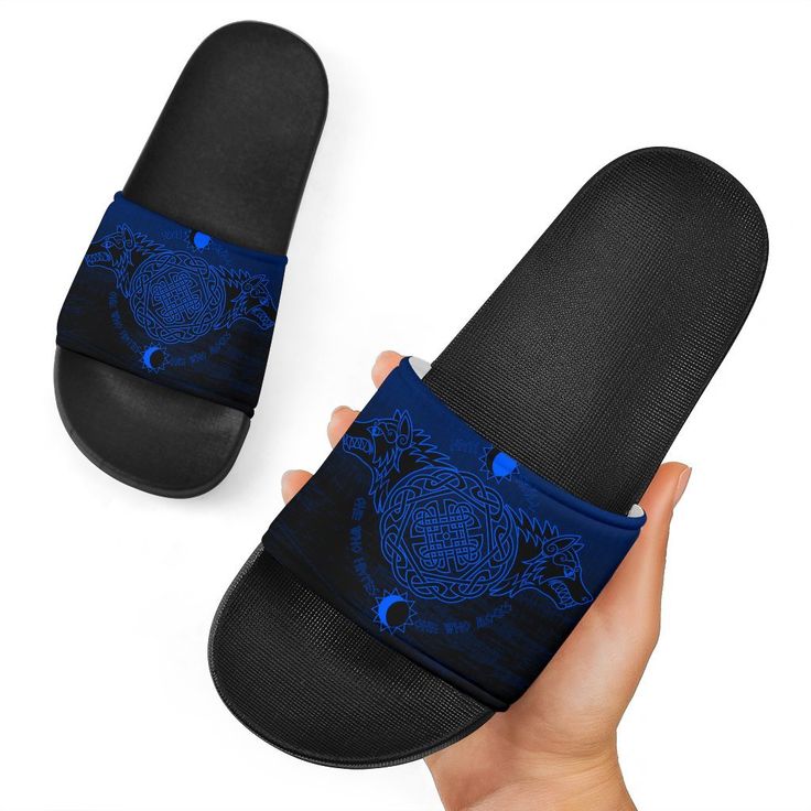 Viking Slide Sandals Skoll And Hati Blue Blue Open Toe Slides With Rubber Sole, Blue Summer Slides For Beach Season, Blue Round Toe Slides For Vacation, Blue Slides For Beach Season, Blue Slides For Beach Vacation, Non-slip Blue Slides For Vacation, Blue Non-slip Slides For Vacation, Blue Open Toe Beach Slippers, Blue Slide Flip Flops For Vacation