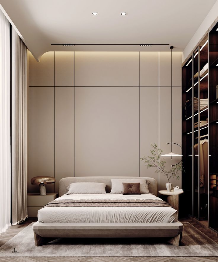 a bedroom with a large bed and shelves