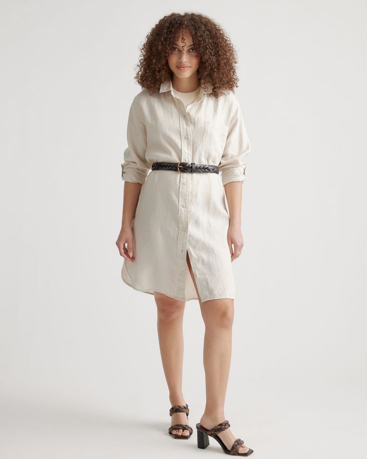 An easy, timeless classic. This shirt dress should be a staple in any wardrobe. Made from 100% European linen and designed to be versatile, with elegant buttons down the front, and two pockets at the waist.  | Quince | Women's 100% European Linen Shirt Dress in Sand, Size XL, Organic Linen Silk Tee, Quince Dress, Silk Shirt Dress, Linen Tank, Linen Shirt Dress, Wide Leg Linen Pants, European Linens, Organic Linens, Lovely Dresses