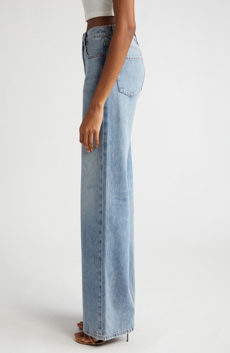 Fashioned from nonstretch denim, these full-length jeans create a vintage-chic aesthetic with a faded wash, artful whiskering and wide legs. 34" inseam; 24" leg opening; 12" front rise; 15" back rise (size 29) 100% cotton Machine wash, line dry Imported High Waist Wide Leg Jeans, Chic Aesthetic, Faded Jeans, Shoe Print, Wide Legs, Fashion Help, Vintage Chic, Alice Olivia, Holiday Outfits