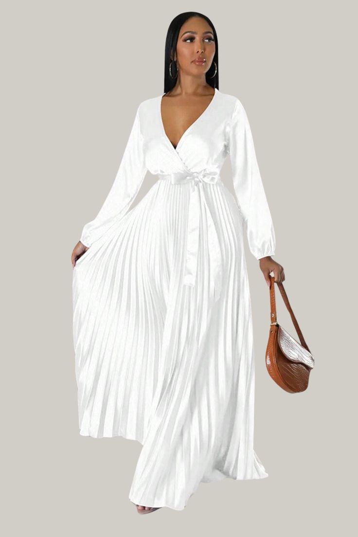 Elevate your elegance with the Eulalia Pleated Maxi Dress. Featuring a deep V-neck, wrap design, and belted high waist, this A-line dress boasts long bishop sleeves and a beautifully pleated hem. Crafted from non-stretch fabric, it offers a sophisticated and timeless look for any special occasion. Shop now to embrace refined style! 95% Polyester, 5% Elastane Model is wearing size small Please allow 3-5 business days to process and ship Belted Maxi Dress, Bandage Jumpsuits, Maxi Dress Sale, Refined Style, Pleated Maxi Dress, Pleated Maxi, Plus Size Shopping, Neck Wrap, Shop Swimwear