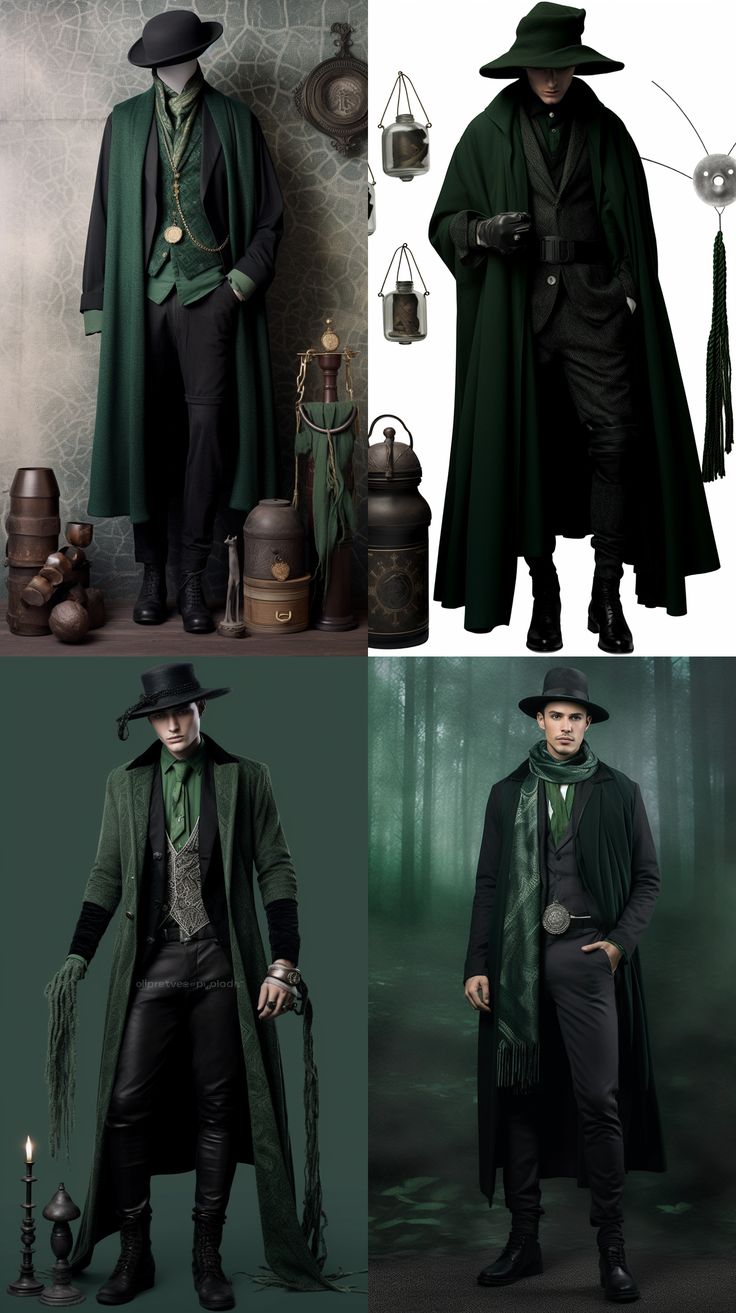 Green Masquerade Outfit Men, Green Robes Wizard, Slytherin Fashion Men, Fantasy Scholar Outfit Male, Modern Wizard Fashion Men, Slytherin Inspired Outfits Men, Warlock Outfit Male, Wizard Outfits Men, Witchcore Outfit Male