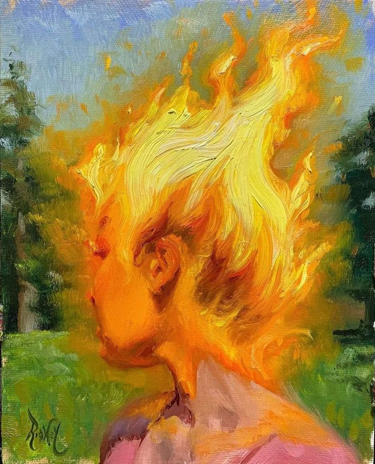 an oil painting of a woman's head with fire coming out of her hair