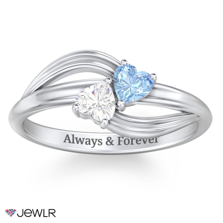 A sparkling symbol of a couple's commitment and love, this ring features two 4mm heart-shaped stones on opposite sides of a swirling bypass ring. Personalize yours with your choice of genuine or simulated birthstones to represent you both. Design this ring in sterling silver, white, yellow or rose gold, and complete it with a meaningful base engraving to create a unique gift for any occasion. White Heart Ring With Accent Stones For Promise, White Couple Rings For Anniversary On Valentine's Day, White Couple Rings For Valentine's Day Anniversary, Personalized White Birthstone Ring For Anniversary, White Heart Cut Ring With Birthstone, Double Heart Birthstone Ring For Anniversary, Valentine's Day Anniversary Birthstone Ring With Double Heart Shape, White Double Heart Ring For Anniversary, Valentine's Day Double Heart Birthstone Ring