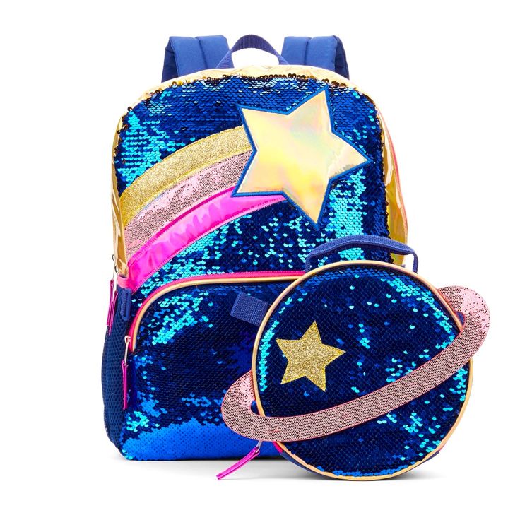 Detachable Insulated Lunch Bag Sequin Detail Front Accessory Pocket Adjustable Padded Shoulder Straps Wipe Clean M:16”H X 12”W X 5”D Playful Blue Bags For School Events, Trendy Bags For End Of School Year Events, Trendy Multicolor Bags For School Events, Trendy Multicolor School Bags, Playful Blue Backpack For School Events, Blue Standard Backpack For School Events, Blue Back To School Bag With Removable Pouch, Space Backpack, Rainbow Purses