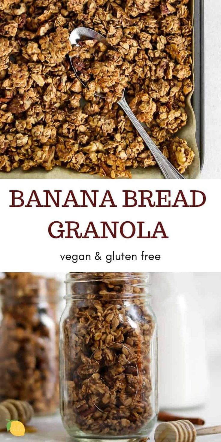 the recipe for banana bread granola in a glass jar