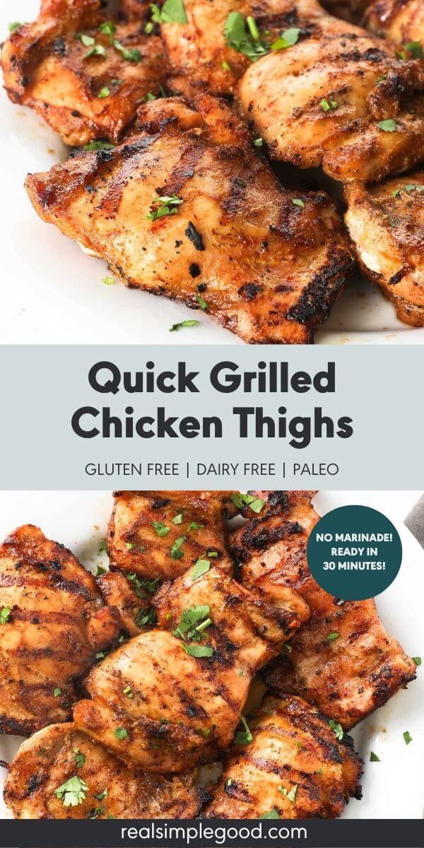 grilled chicken thighs on a white plate with parsley garnish and text overlay