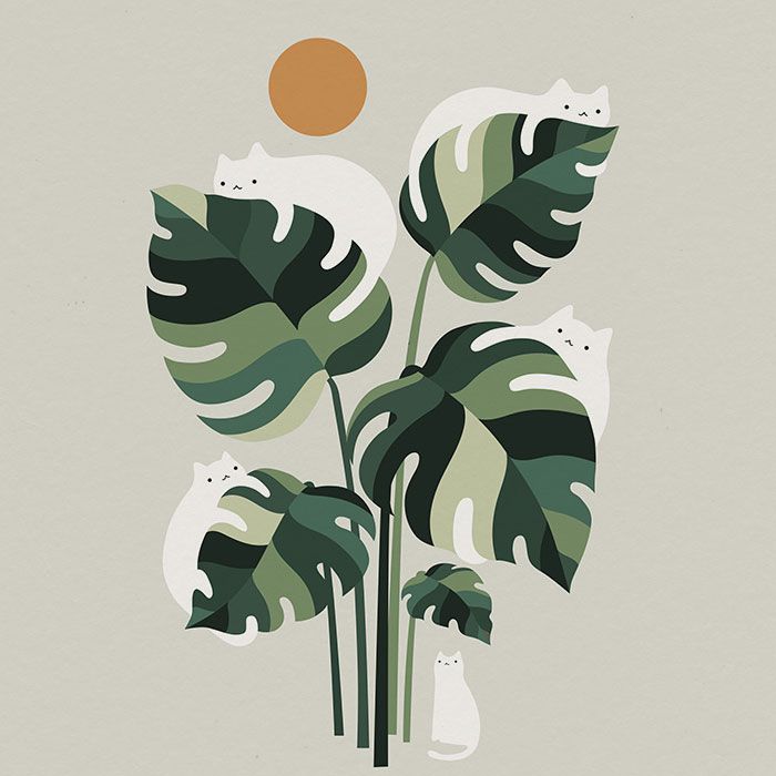 an image of some plants with cats in the leaves and sun behind them on a gray background