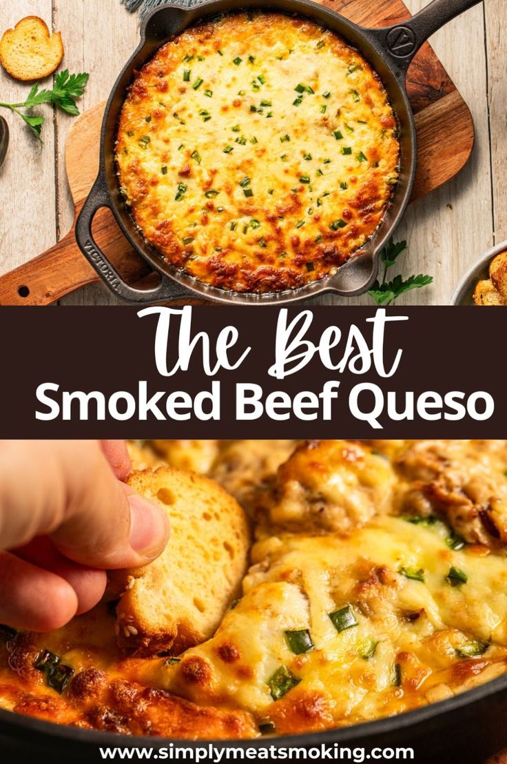 the best smoked beef quesadilla recipe in a cast iron skillet with text overlay