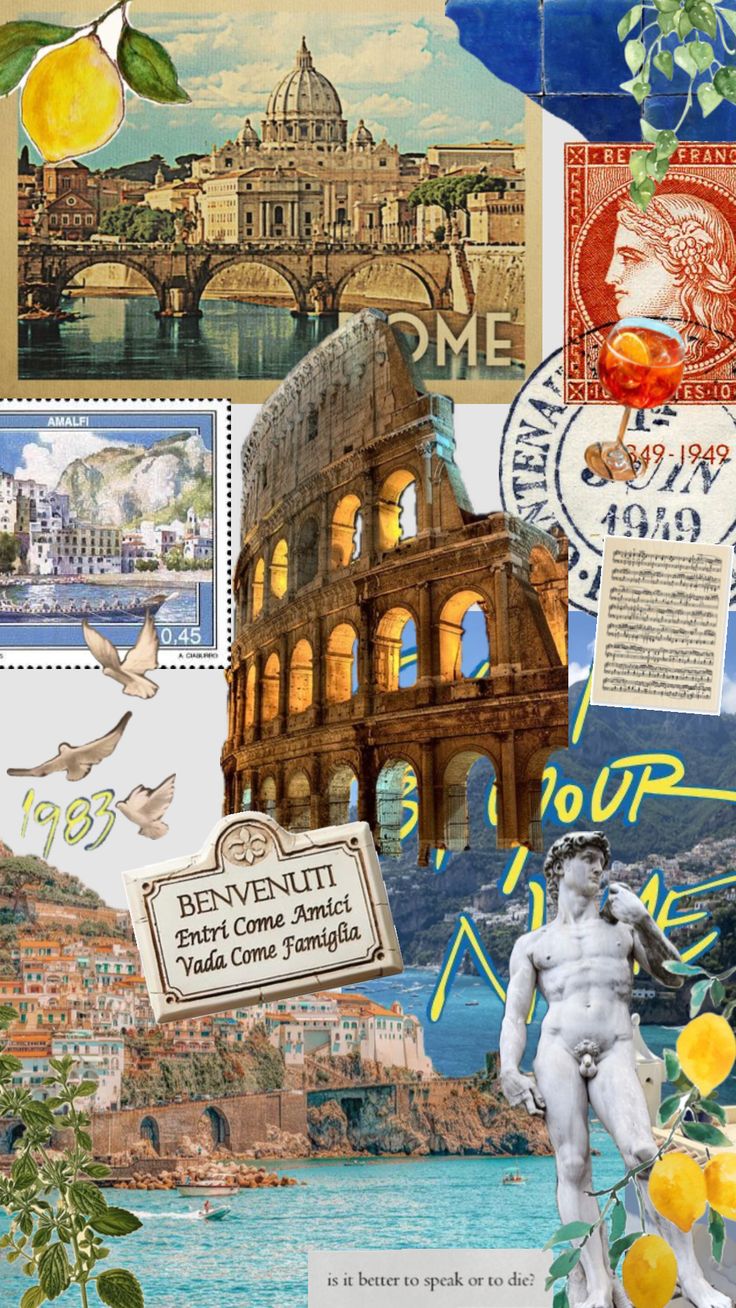 the collage is made up of many different pictures and words, including an image of a roman collage