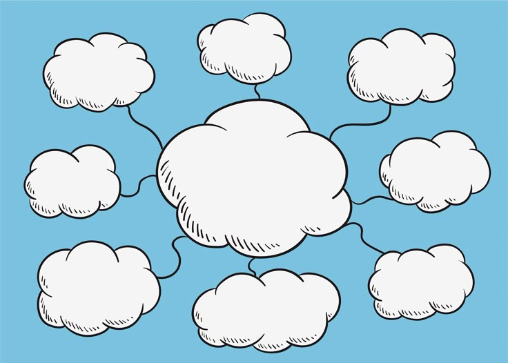 an image of clouds in the sky with speech bubbles above them on a blue background