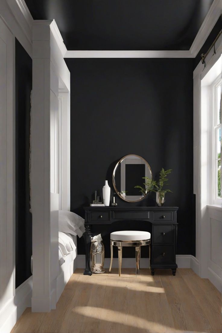 home decorating,home interior,home interior design,interior bedroom design One Wall Black Bedroom, Dark Paint In Bedroom, Black Painted Walls Bedroom, Black Painted Bedroom, Black Ceiling Bedroom, Charcoal Black Paint, Black Bedroom Walls, Black Paint Colors, Colors For Bedroom