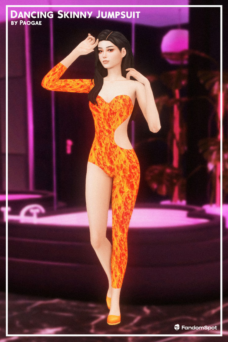 a woman in an orange patterned bodysuit posing for the camera with her hands on her head